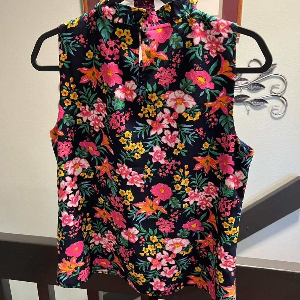 J. Crew Floral Sleeveless Blouse - Pink, Orange, Green on Navy Blue #123